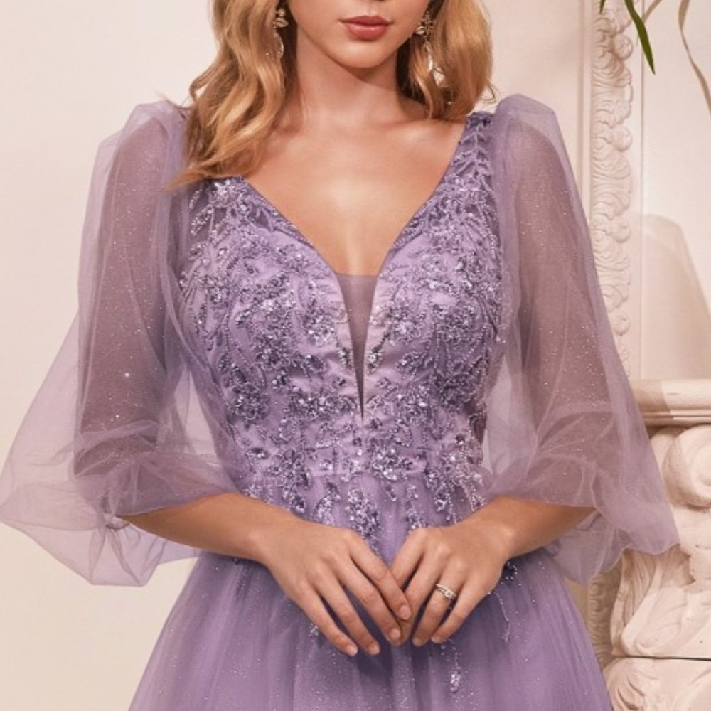 ENGLISH VIOLET PROM PARTY PUFFY SLEEVES A-LINE GLITTER TULLE A-LINE DRESS cd0182 - Picture 1 of 8